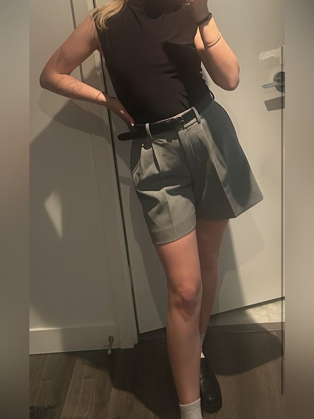 Gray Babaton Pleated High-Waist Shorts